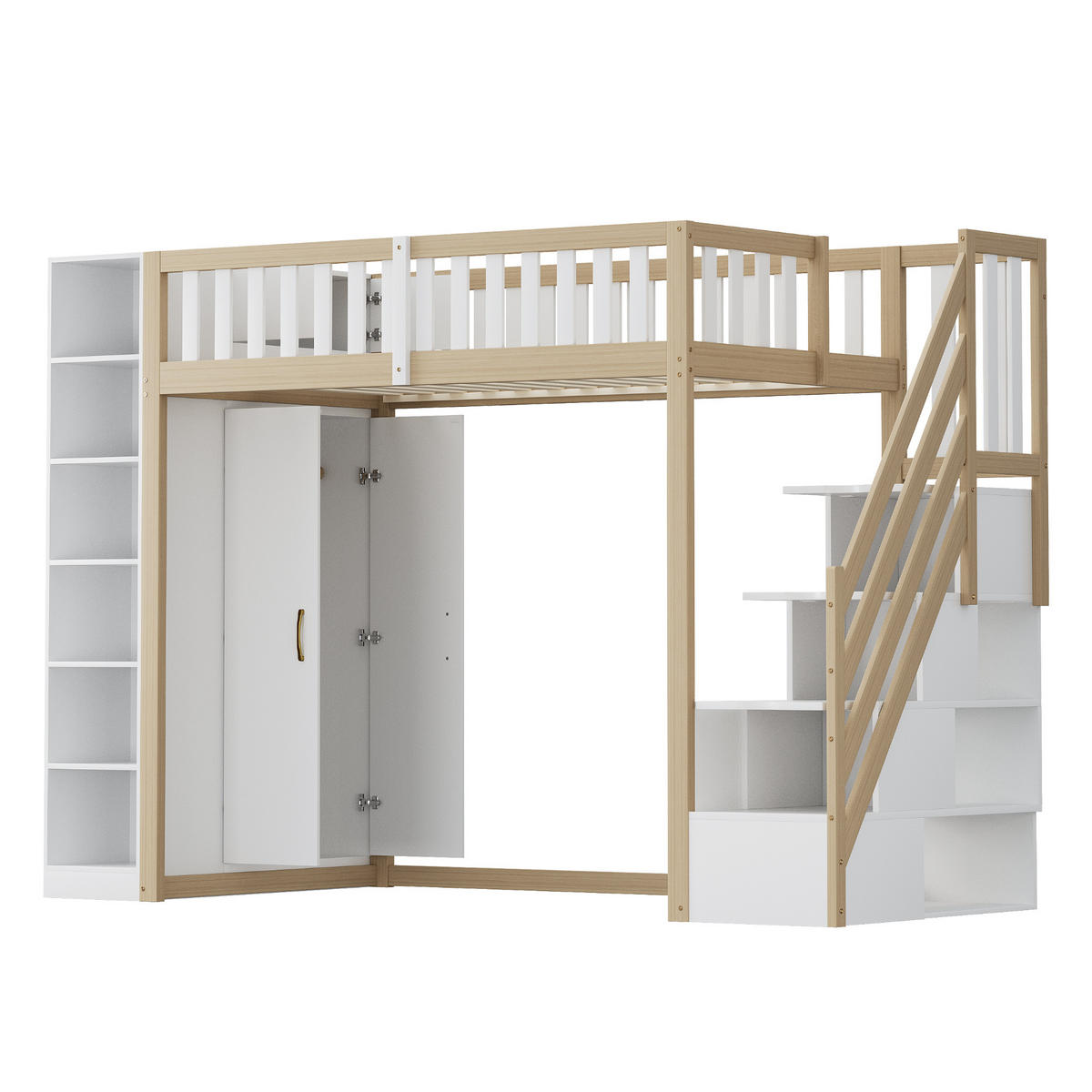 HOCHBETT 90/200 cm in Weiß & Natur mit Kleiderschrank, Regalen und Schubladen Kinderbett - Weiß/Naturfarben, Holz/Holzwerkstoff (90/200cm) - STILVORA