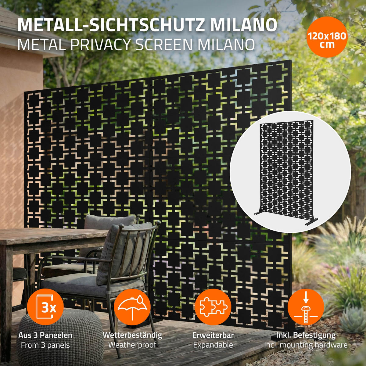 METALL-SICHTSCHUTZ Milano 120x180 cm Schwarz aus Stahl - Schwarz, Metall (120/183cm) - ML-DESIGN