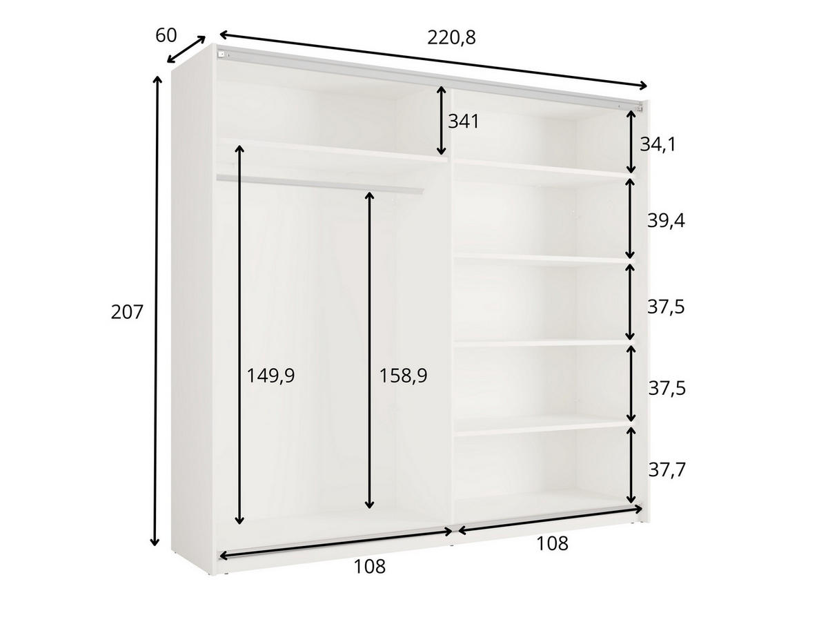 SCHWEBETÜRENSCHRANK RADEN 221/207/60cm 2-türig mit Spiegel Weiß - Weiß, Holzwerkstoff (221/207/60cm) - MASSENO