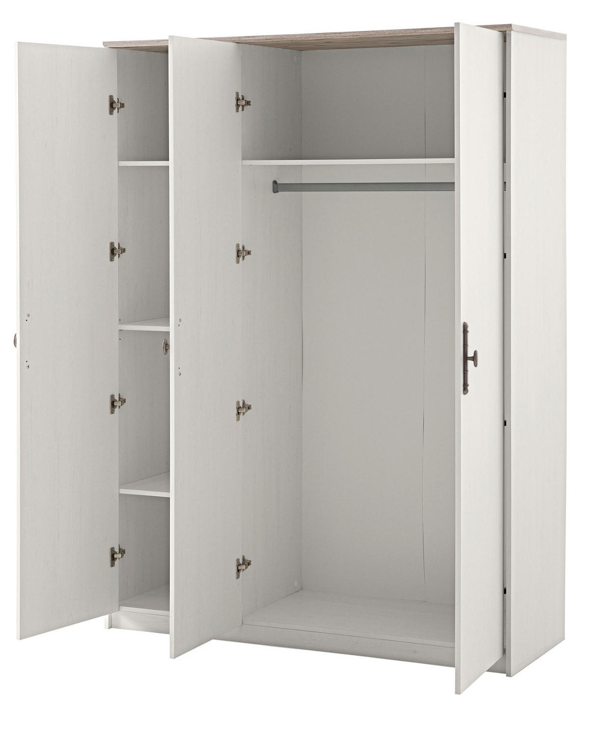 KLEIDERSCHRANK Pinie Landhaus, Drehtürenschrank 138 cm 3-türig mit Soft-Close - Silberfarben/Weiß, Holzwerkstoff/Metall (138/193/51cm) - Furn.Design