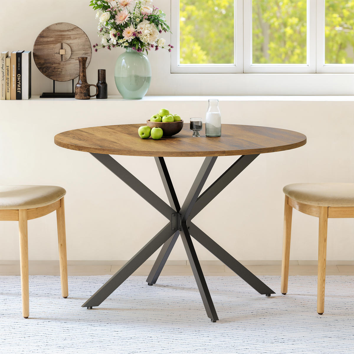 COUCHTISCH 120cm Runder Esstisch-Landhausstil Mit X-Beinen Retro-Braun Für 4-6 Personen - Braun, Holz (120/120/78cm) - Raelunyi