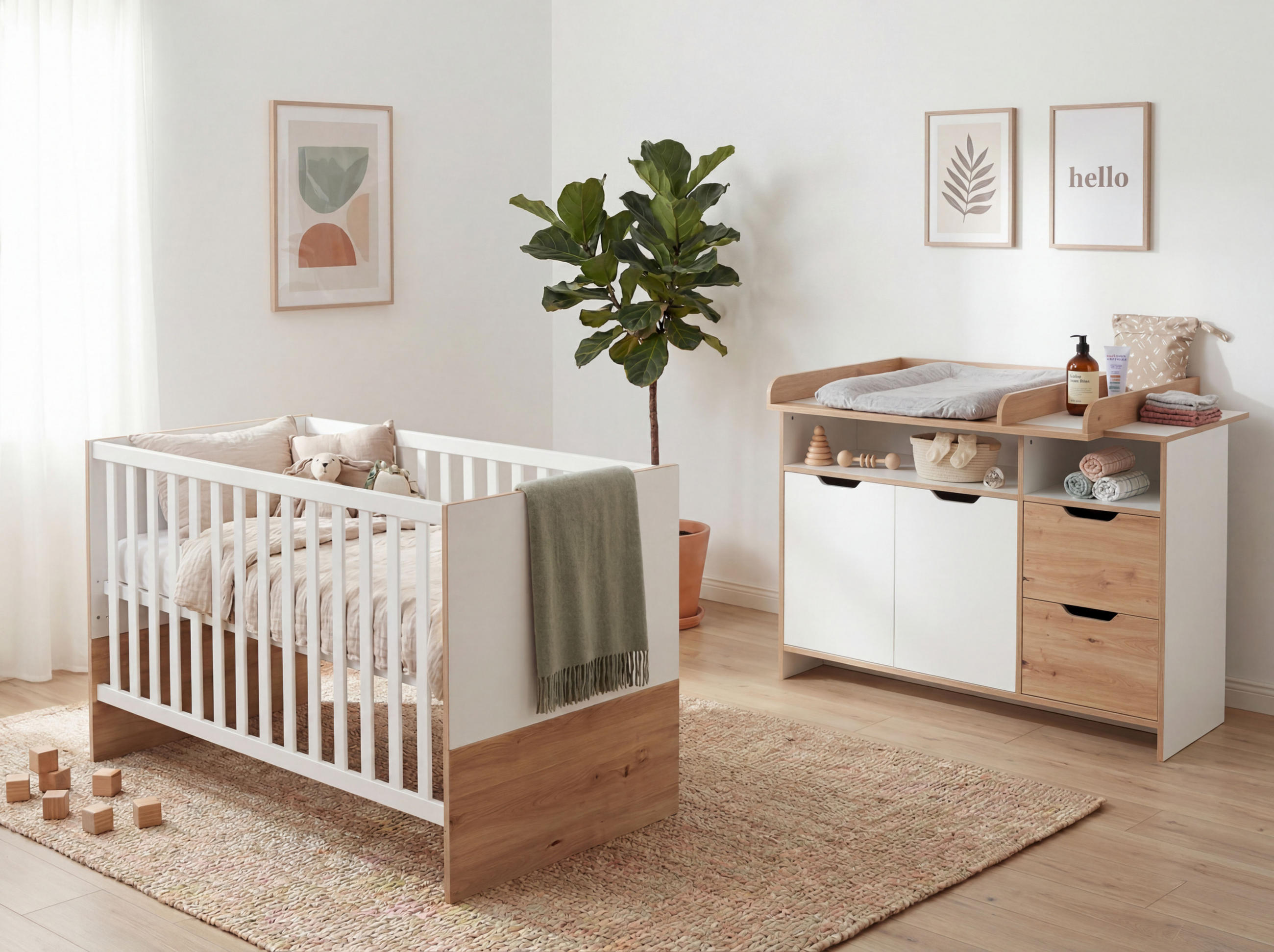 BABYZIMMER SET Maxim 2-tlg. Wickelkommode Babybett - Eiche Artisan/Weiß, Holzwerkstoff (1/1/1cm) - arthur berndt