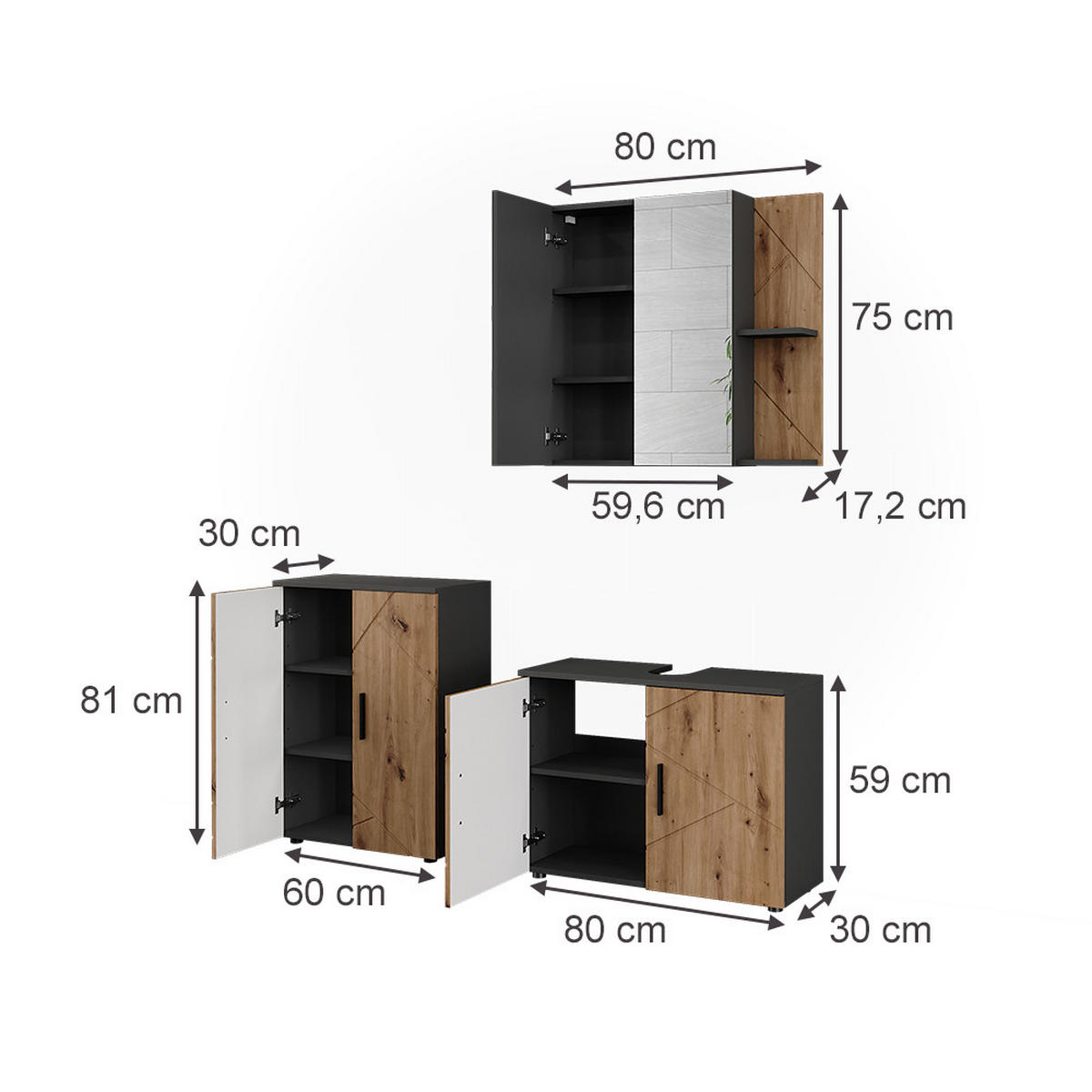 BADMÖBEL-SET Irma Anthrazit/Artisan 3 Teile - Anthrazit/Hellgrau, Holzwerkstoff (80/59/30cm) - Vicco