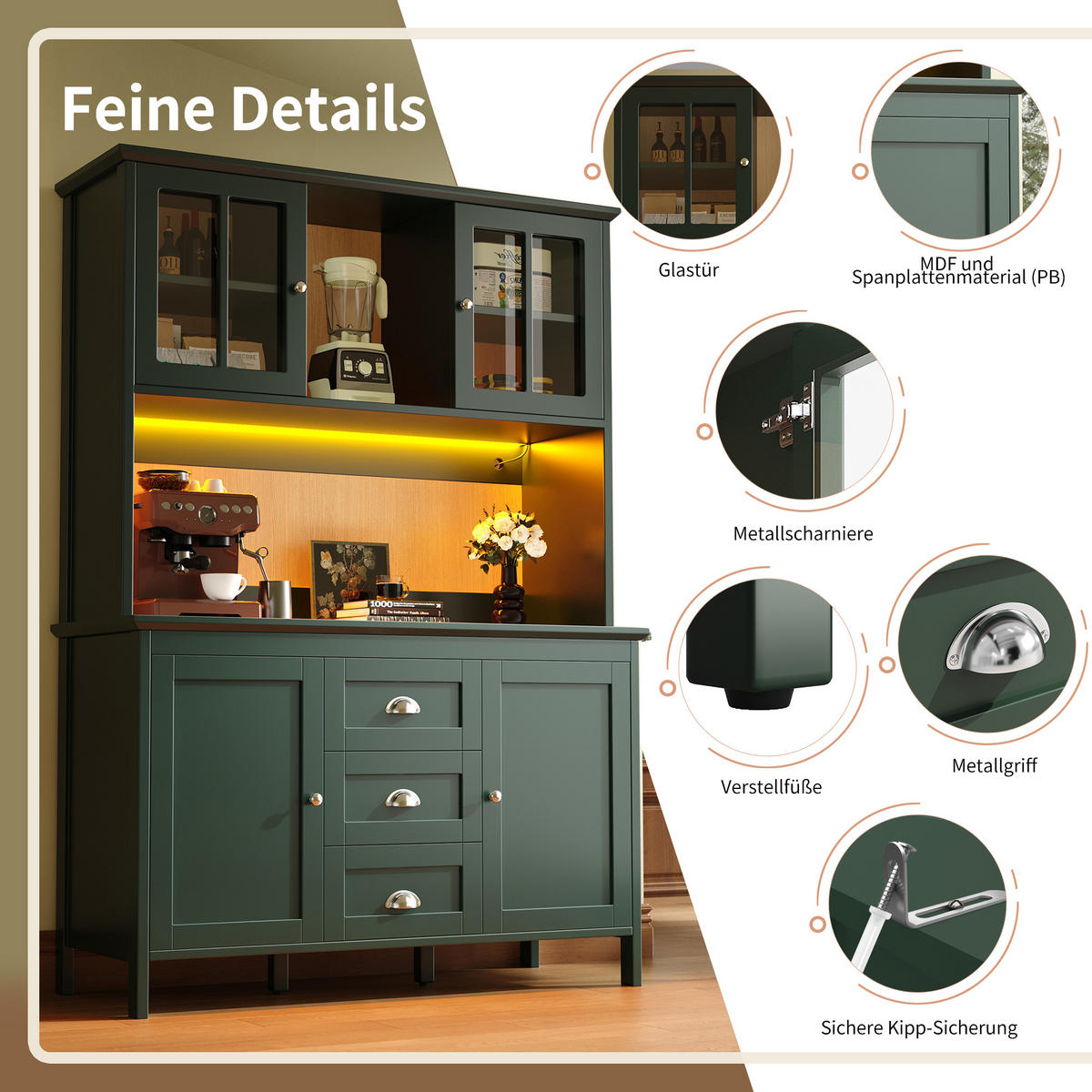 BUFFETSCHRANK Retro Grün 120/40/179 cm - Grün, Holz (120/179/40cm) - PANGIVO