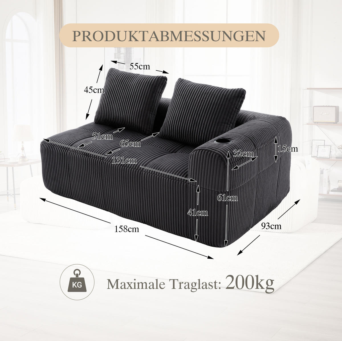 POHOVKA 158/93/61 cm tmavě šedá z manšestru s bočními kapsami a držáky nápojů - tmavě šedá, textil (93/61/158cm) - OKWISH