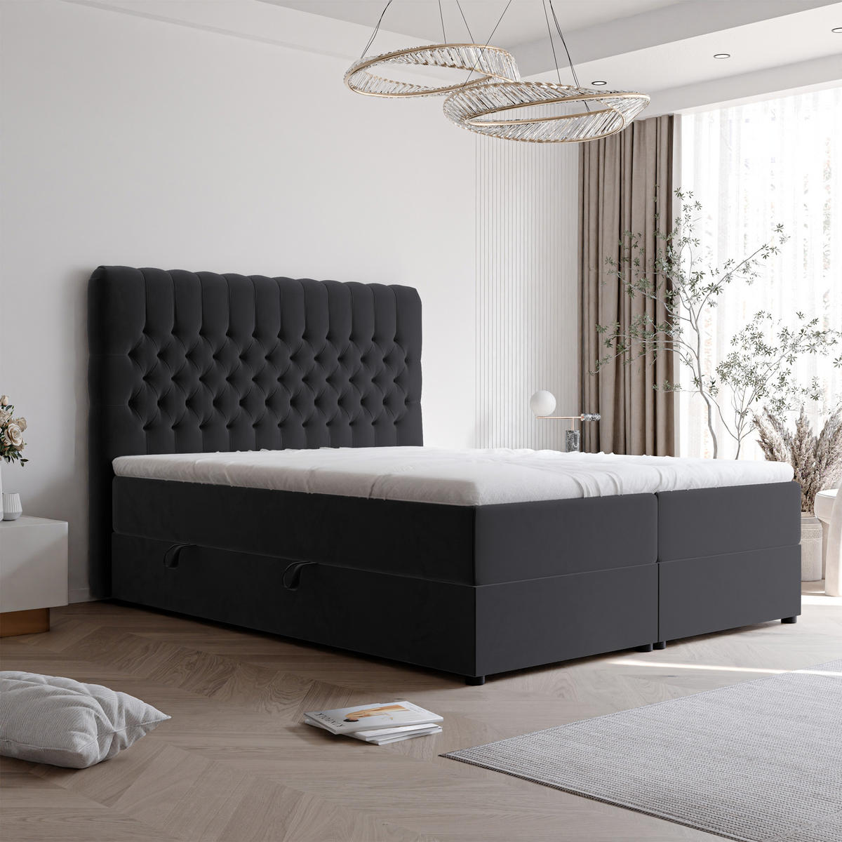 BOXBETT ALBA 140/200 cm mit Matratze und Topper, Schwarz - Schwarz, Textil (140/200cm) - Idohome