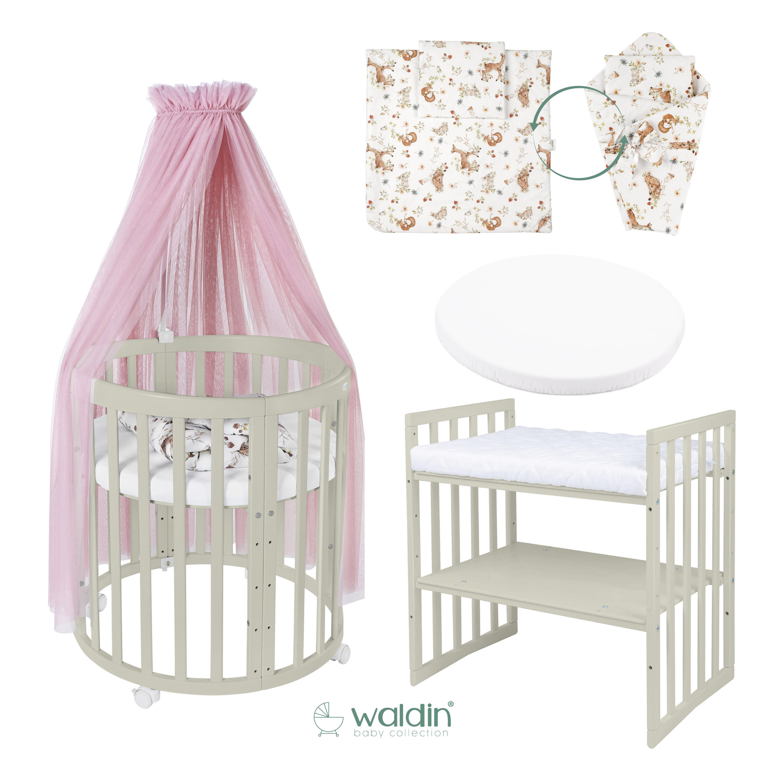 BABYBETT OLIVE OVAL 7in1 mit Matratze und Himmelset - Olivgrün/Rosa, Holz/Textil