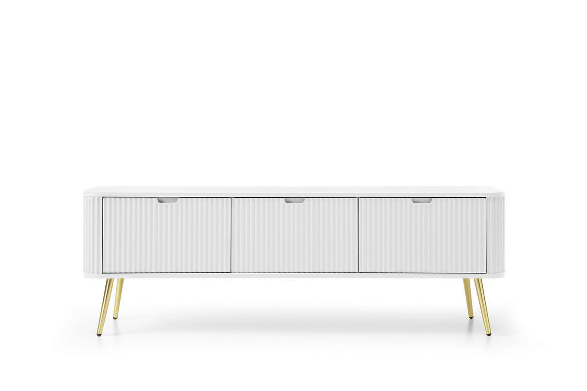 TV-SCHRANK "NOVA" Weiß 154x39x56cm Geriffelt Regal, 2-Türen, Schublade, Gold Beine - Goldfarben/Weiß, Holzwerkstoff/Kunststoff (168/56/39cm) - DomoHome