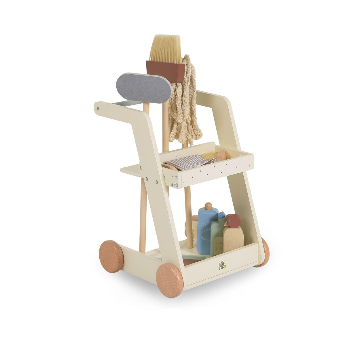 HAUSHALTSSPIELZEUG Spielzeug-Putzwagen W10D787 beige Holz, Besen, Mopp, Schwamm, Bürste, Räder, Rollenspiel, Putzen - Beige, Holz (43/69/34cm) - Moni