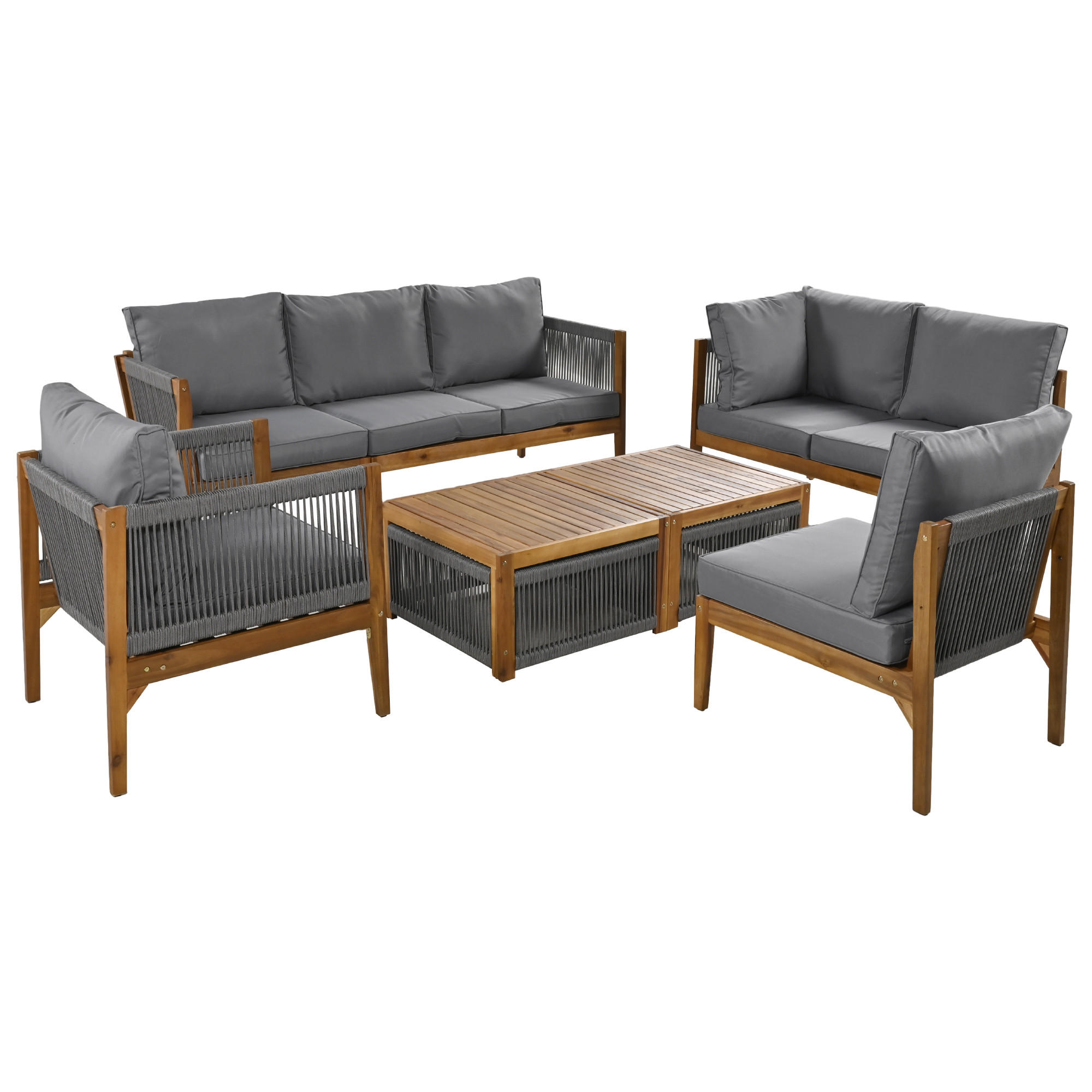 GARTENLOUNGE 240/184/64 cm Natur/Grau aus Akazienholz mit Seilgeflecht und 2 Tischen - Grau, Textil - OKWISH