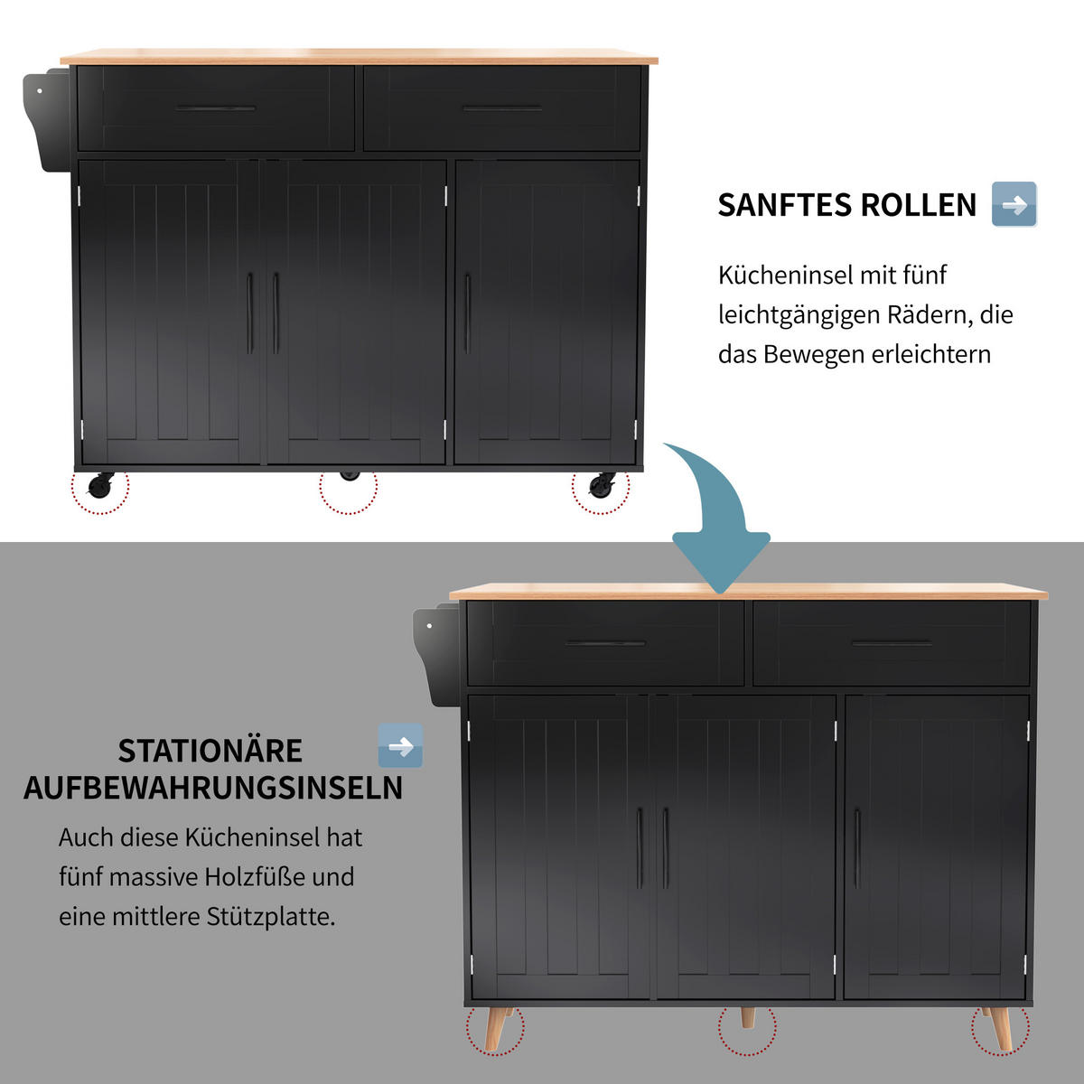 KÜCHENINSELWAGEN 129x71x91.5cm Schwarz Spanplatte mit Falttisch & Schubladen - Schwarz, Holzwerkstoff (129/91.5/71cm) - Modfu