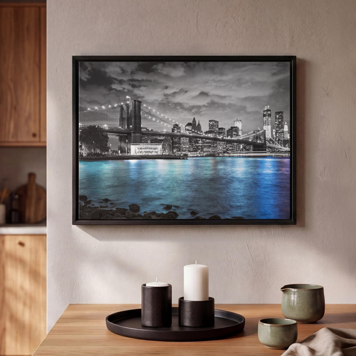 LEINWAND Bilder mit Rahmen - New York - Skyline - Stadt - Blau - 40x30 - Blaugrau, Textil (40/30cm) - MuchoWow