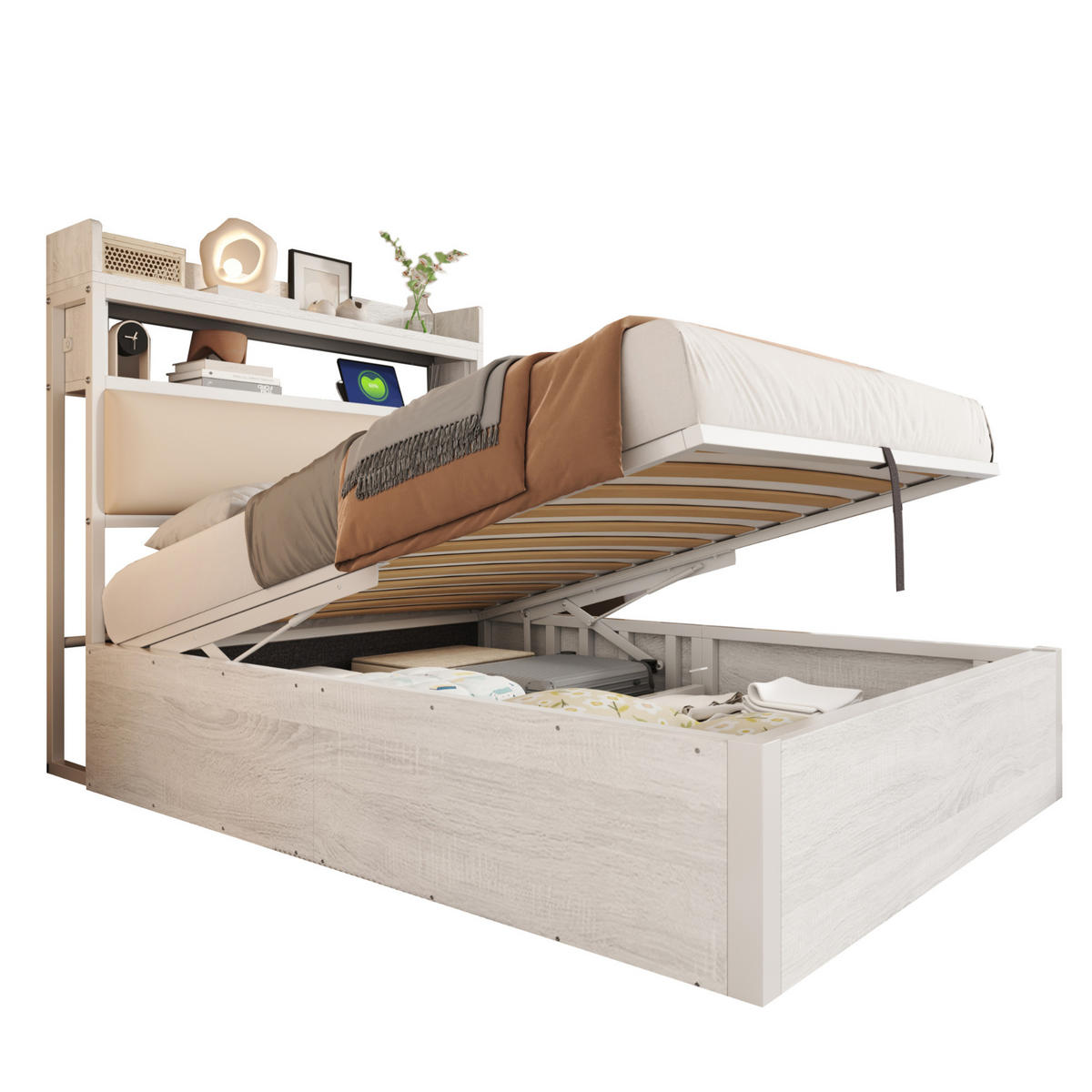 POLSTERBETT 90/200 cm mit Bettkasten, USB und gepolstertem Kopfteil - Weiß, Metall (90/200cm) - BEAOK