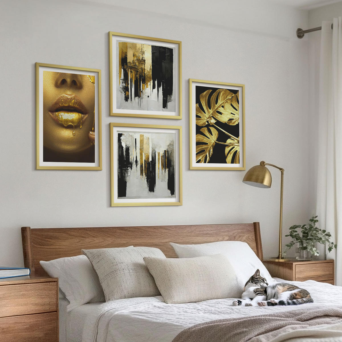 BILDER SET 4er Set - 50x50 cm & 40x60 cm Goldrahmen - Abstrakte Blattmalerei - Goldfarben, Kunststoff (50/50cm) - TULUP