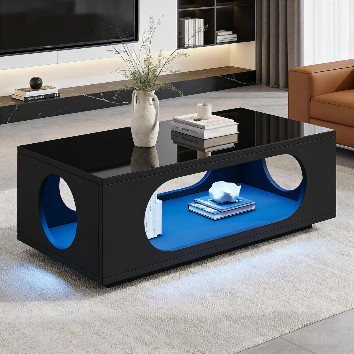 COUCHTISCH in Schwarz Hochglänzender Wohnzimmertisch mit LED (App-Steuerung), B100/T50H35 cm - Schwarz, Holzwerkstoff (50/100/35cm) - STILVORA