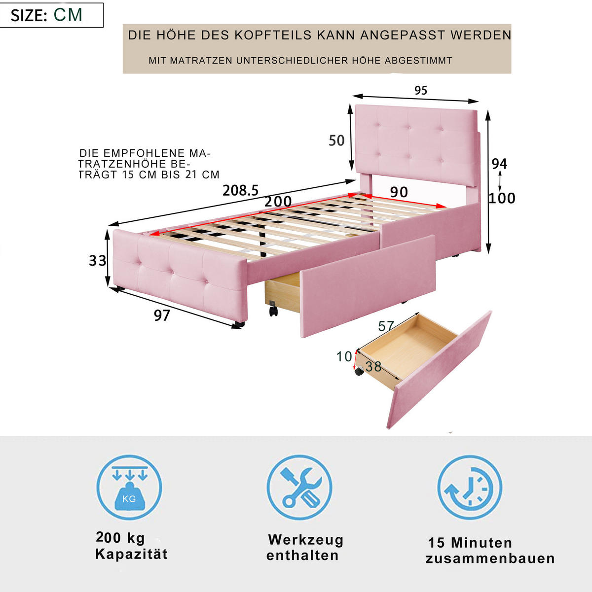 POLSTERBETT 90/200 cm Pink aus Samt mit Schublade und Lattenrost - Pink, Textil (90/200cm) - OKMYHOME