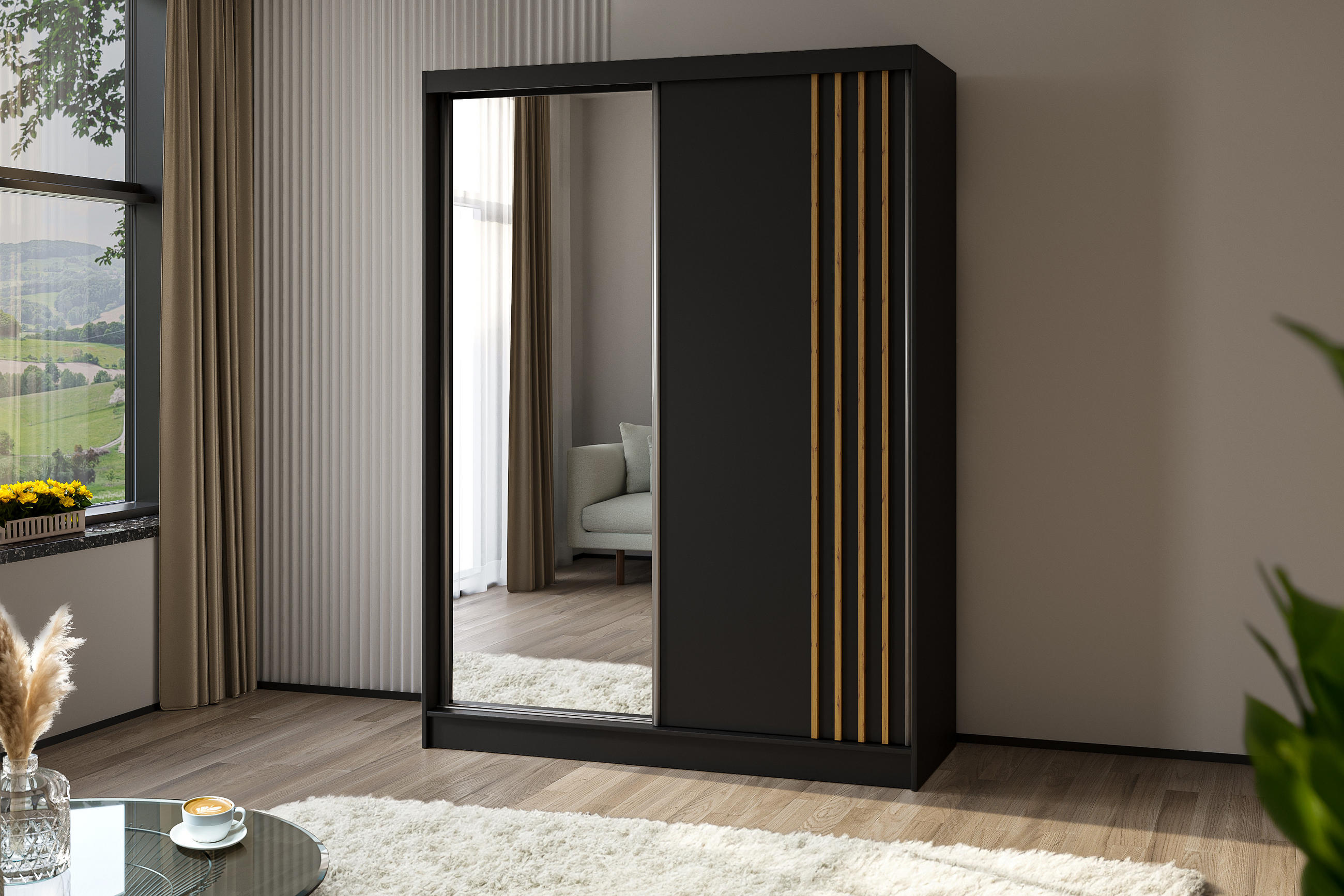 KLEIDERSCHRANK mit Spiegel-Schiebetüren und Aluminium-Leisten, LED-Beleuchtung - NALLA - 160 cm Schwarz+Schwarz+Artisan - Anthrazit/Eiche Artisan, Holzwerkstoff (160/216/61cm) - ALTDECOR