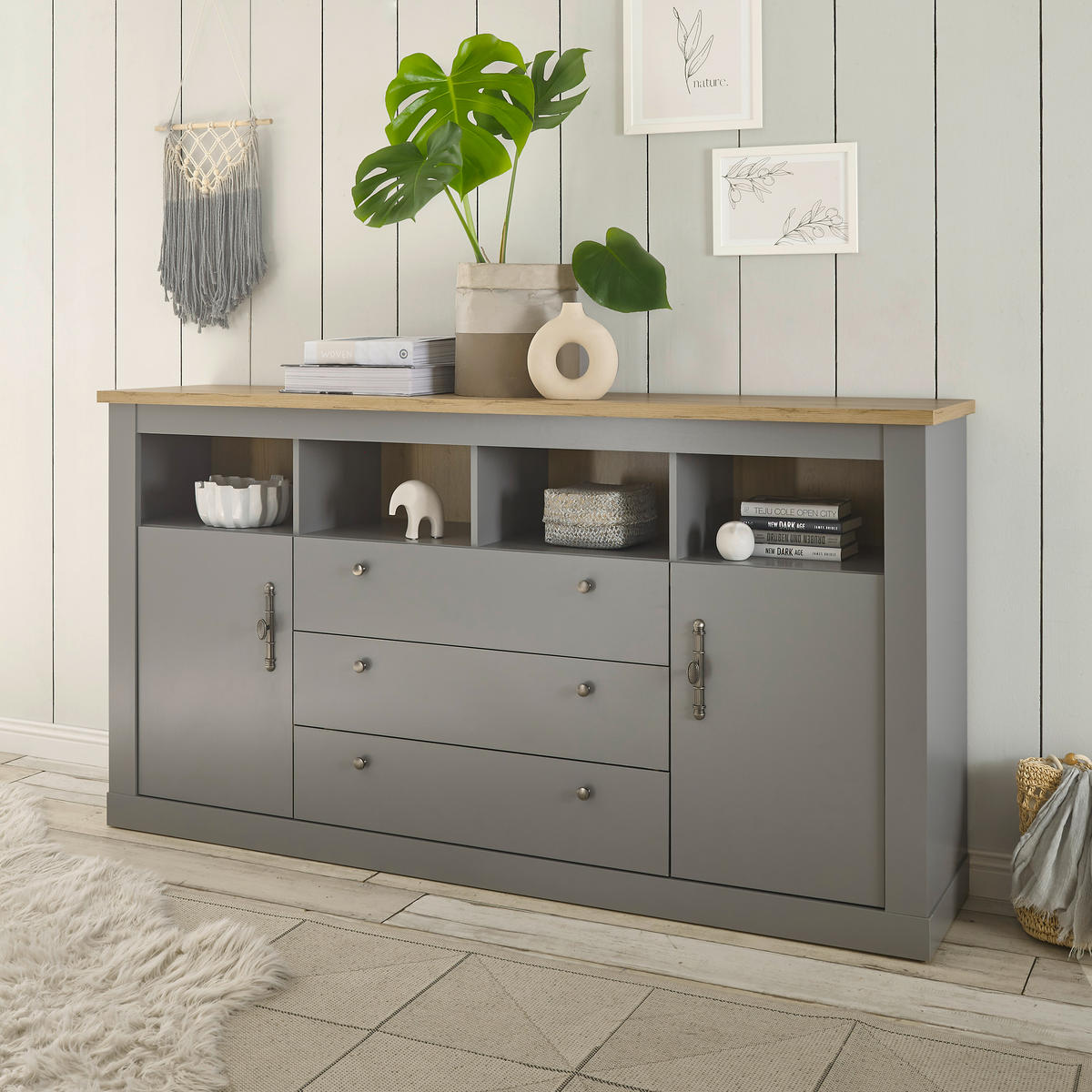 SIDEBOARD C14 Light Gray & Artisan Eiche 198/104/44 cm Landhaus - Grau, Holzwerkstoff (198/104/44cm) - Livojo