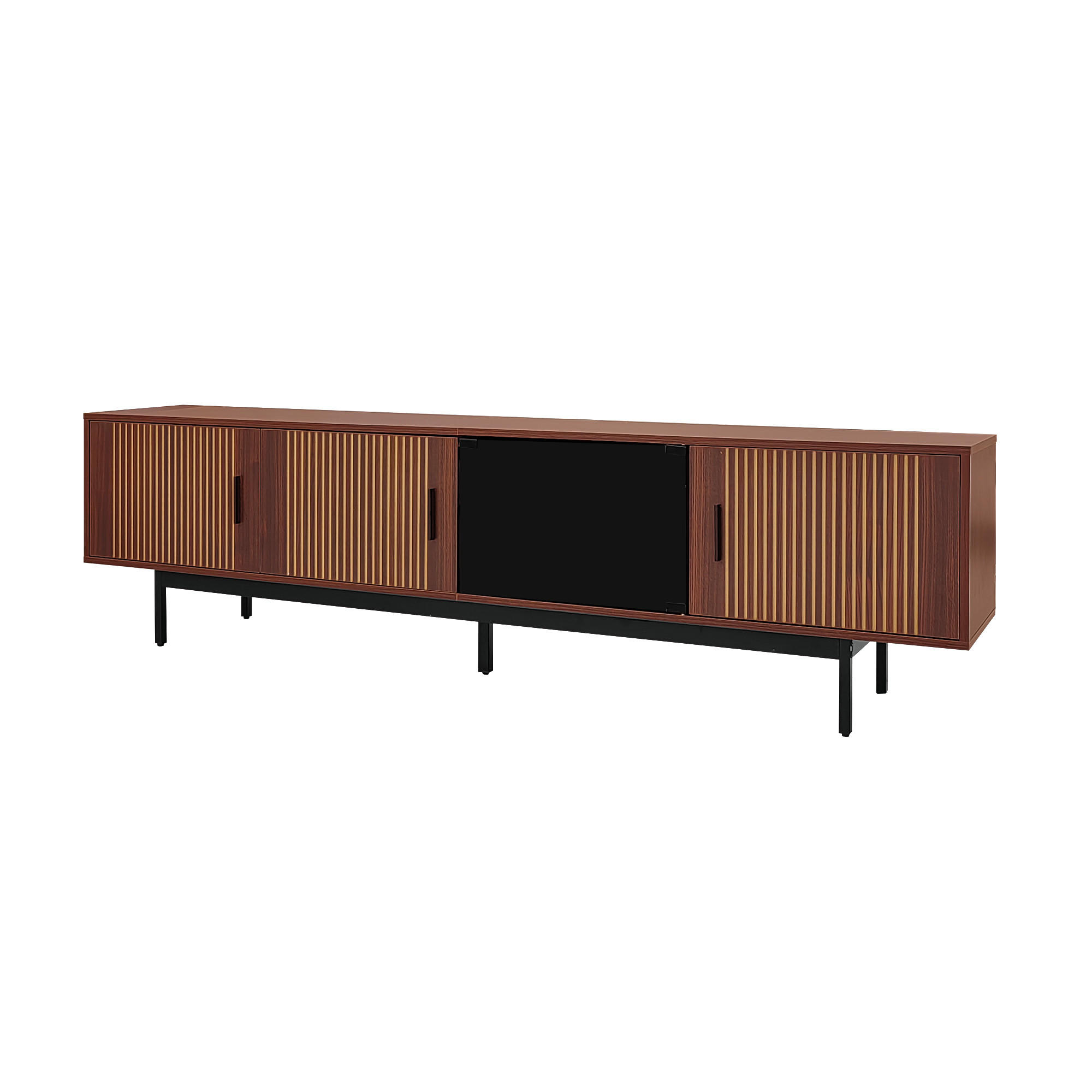 TV Lowboard LED 200 cm, 3 Rillentüren, 1 Glastür, Metallfuß - Schwarz, Holz (200/53/35cm)