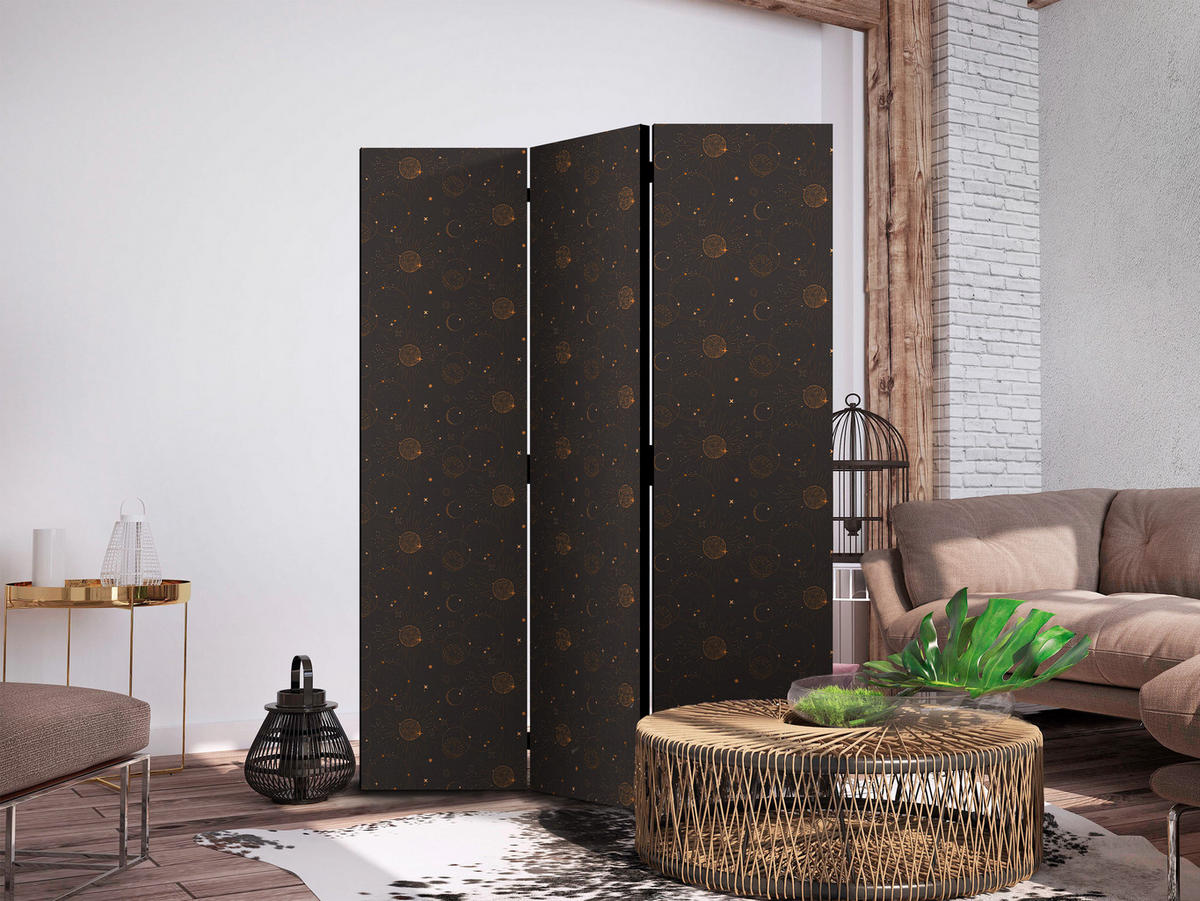 PARAVENT Akustik 3-tlg 135x172 cm Sonnen Sterne Boho - Braun, Holz/Textil (135/172/3cm) - Muralo