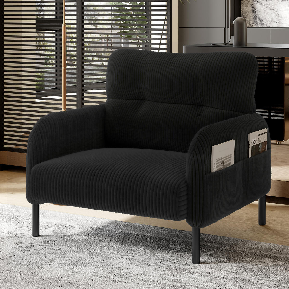 SESSEL Cord Schwarz mit Seitentasche - Schwarz, Textil/Metall (67/79/75cm) - WISHDOR