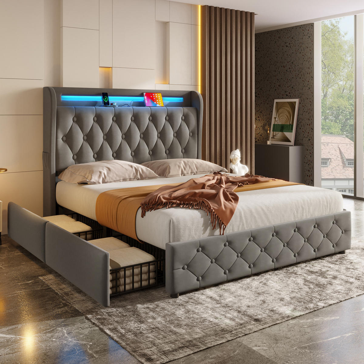 POLSTERBETT 140/190 cm Grau aus Samt mit LED-Beleuchtung und USB- und Type-C-Anschlüssen - Grau, Textil (140/190cm) - OKWISH