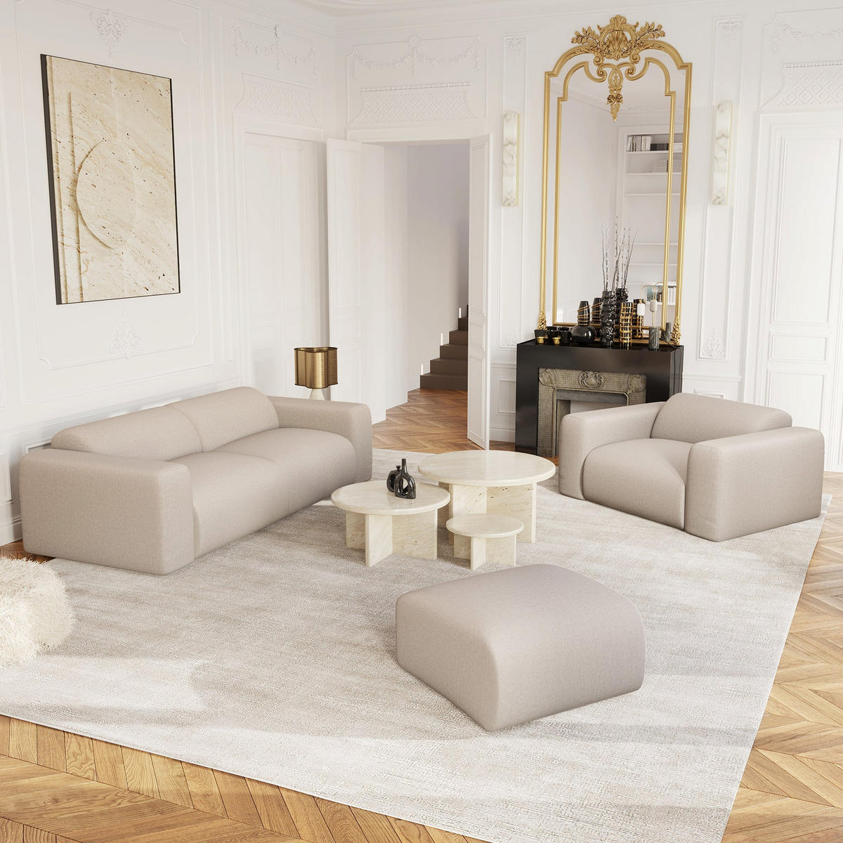 SOFA 3-Sitzer Rastergewebe Beige 205cm - Beige, Textil (205/73/97cm) - Sia Home