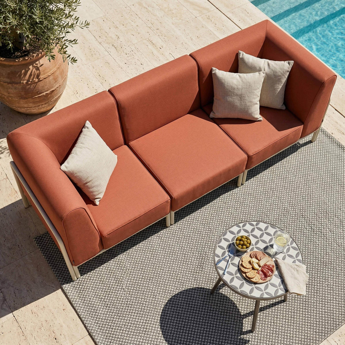 GARTENSOFA mit 3 Sitzplätzen, Terrakotta - Rot, Textil (80/78/216cm) - Oviala