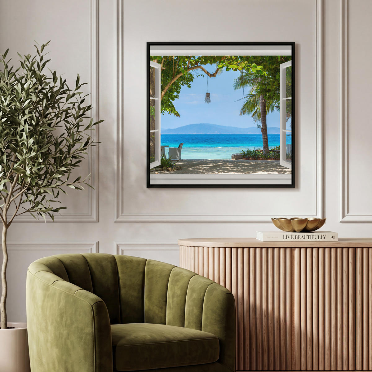 LEINWAND Bilder mit Rahmen - Aussicht - Baum - Meer - Palme - Hügel - Strand - Blau - 50x50 - Blau, Textil (50/50cm) - MuchoWow