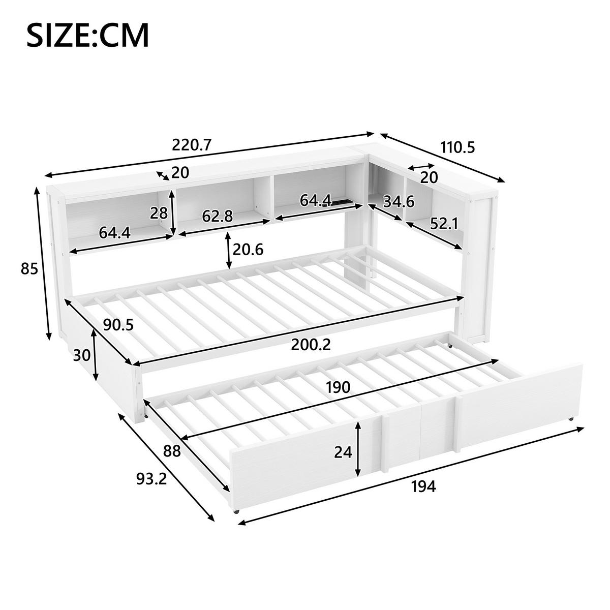 RAHMENBETT 90x200cm, Metall, Ausziehbett, Stauraum, LED, USB, Weiß - Weiß, Holzwerkstoff (90/200cm)