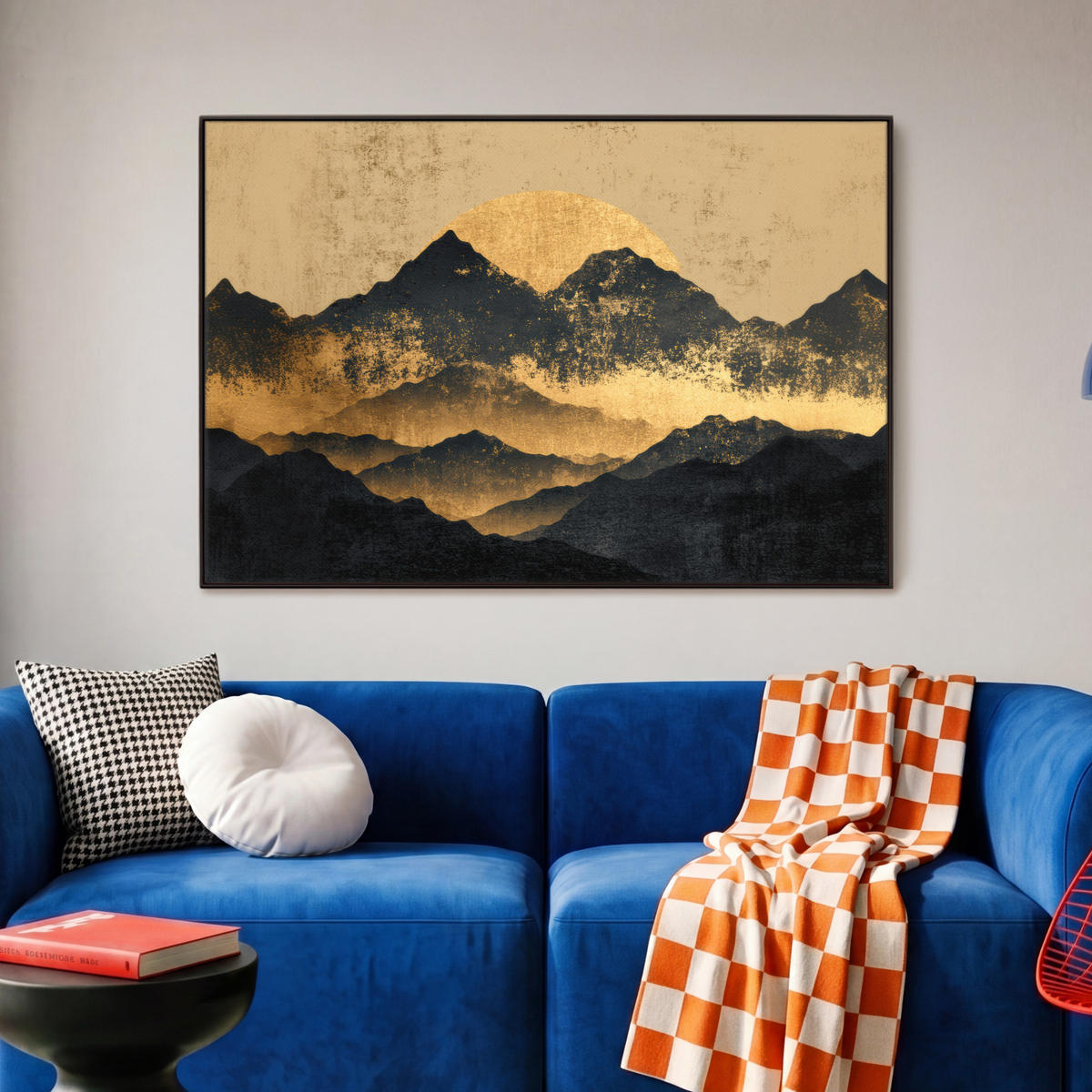 LEINWAND Bilder mit Rahmen - Goldene Berge bei Mondschein - 90x60 - Goldfarben, Textil (90/60cm) - MuchoWow