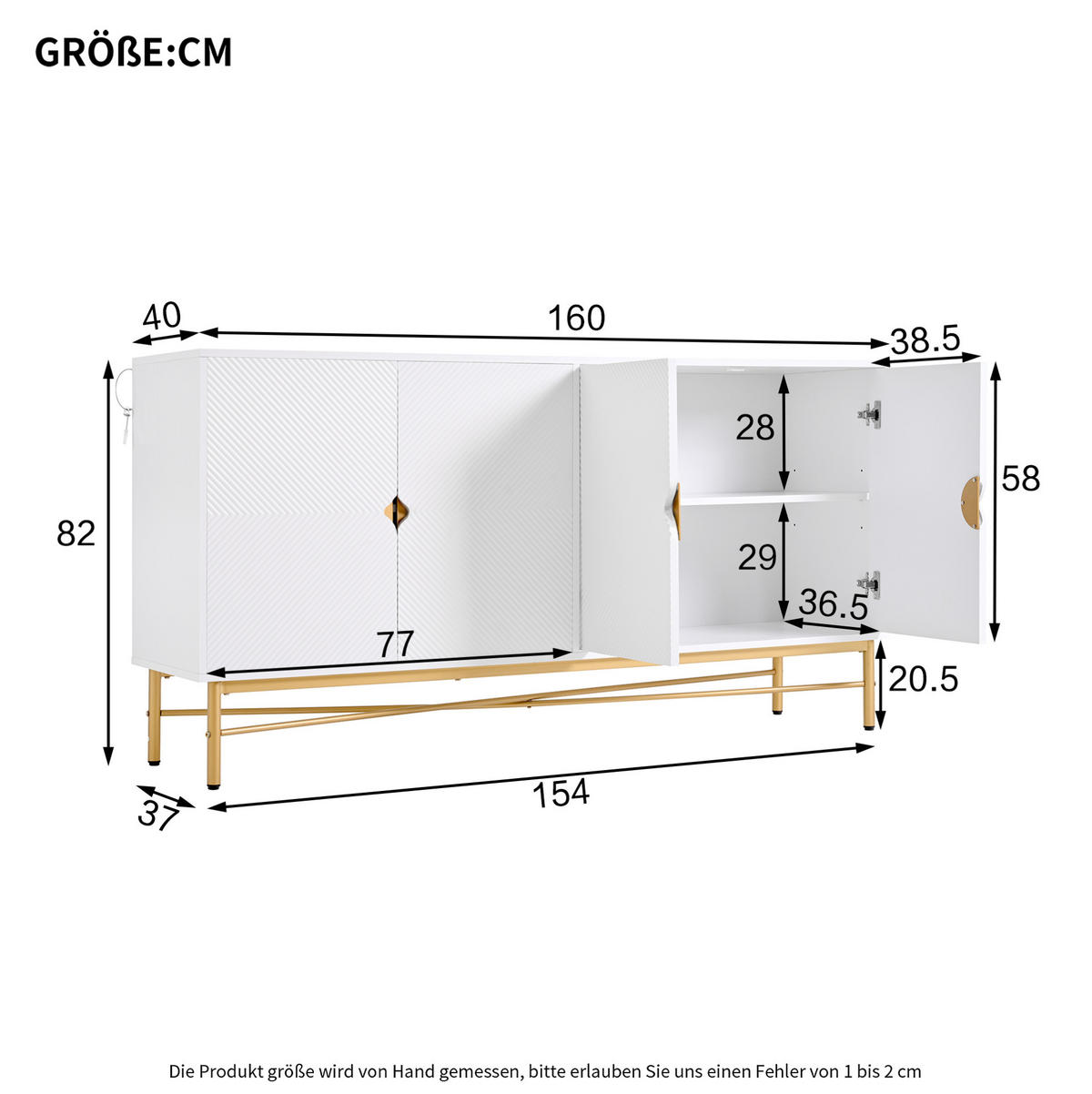 BOČNÍ skříň 160/40/82 cm bílá z MDF a dřevotřísky se soft-close a zlatými úchyty - bílá, kompozitní dřevo (160/82/40cm) - OKWISH