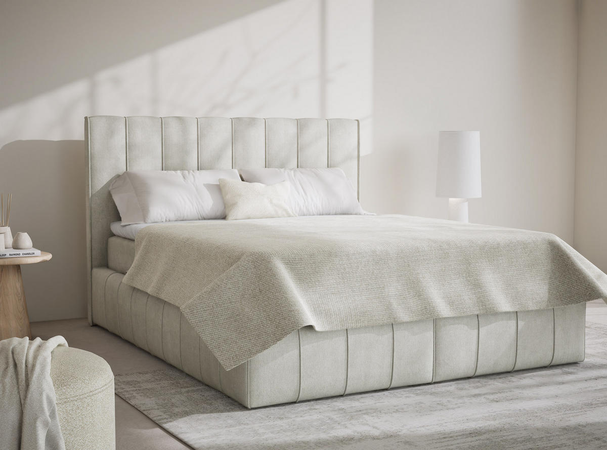 BOXBETT Moretti 140/200 cm, in Creme, Bettkasten, Matratze, Topper - Creme/Schwarz, Holz/Holzwerkstoff (140/200cm) - Maison de Reve