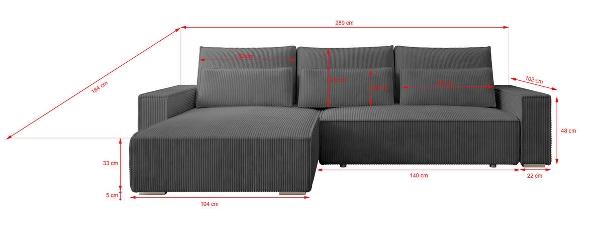 ECKSOFA Alice mit Bettkasten und Schlaffunktion, Cordstoff in L-Form - Dunkelgrau, Textil (289/184cm)