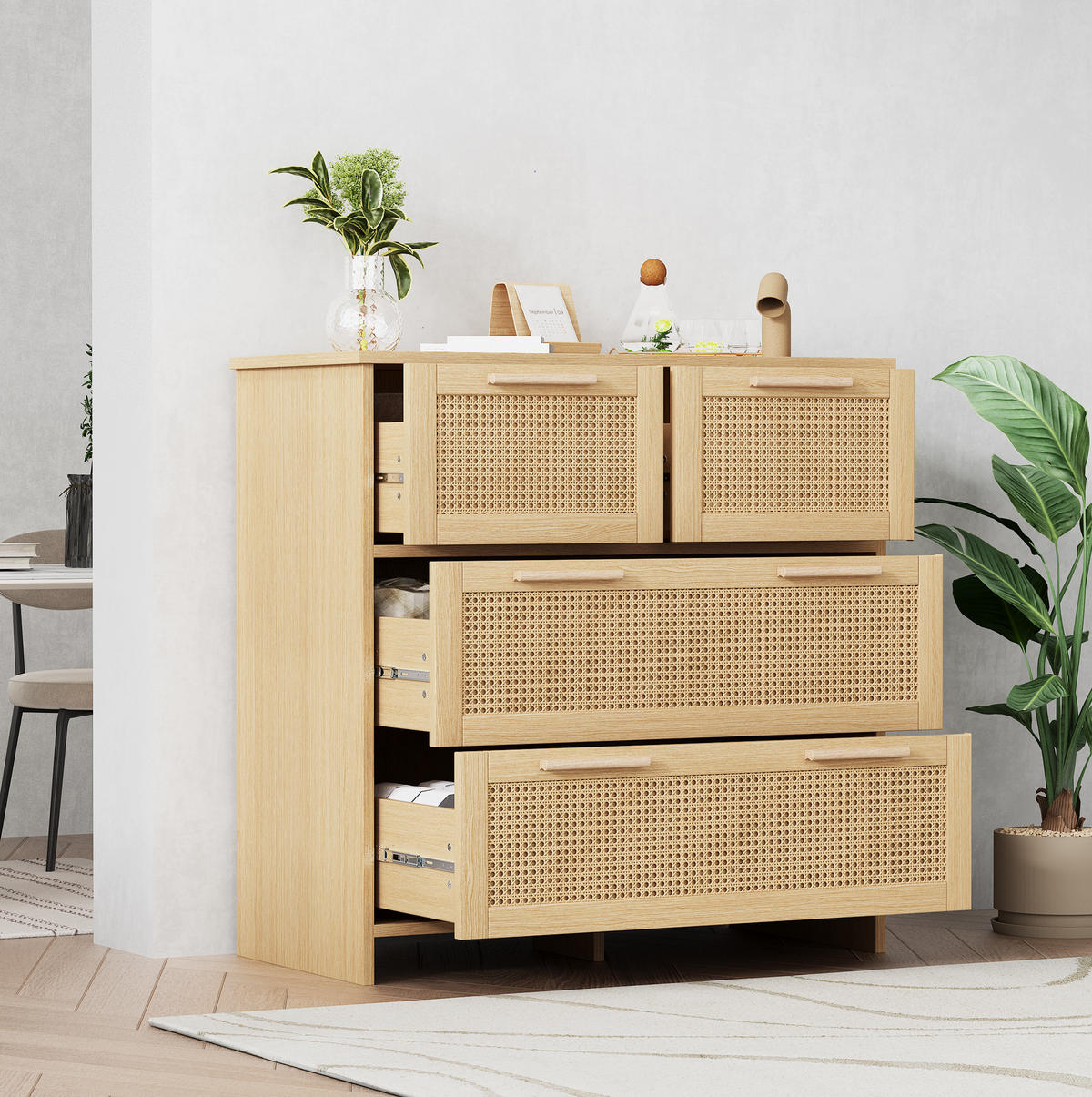 KOMMODE aus MDF 80x38x80 cm Natur mit 4 Schubladen und Rattan-Design - Naturfarben, Holzwerkstoff (38/80/80cm) - IVMEU