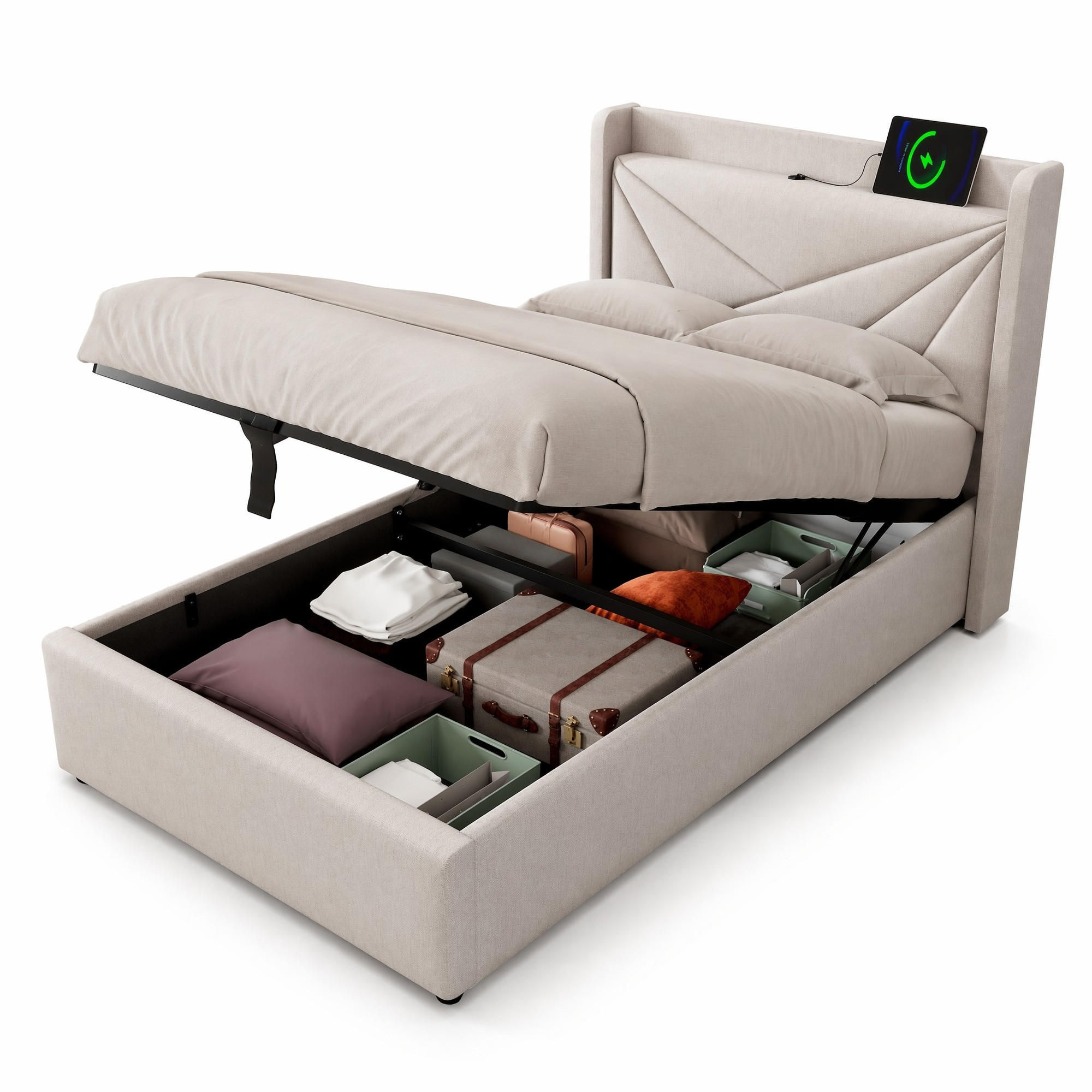 ČALOUNĚNÁ POSTEL 90/200 cm v béžové lněné látce s úložným prostorem, USB a Type-C - béžová, kov/kompozitní dřevo (90/200cm) - CHICFURN
