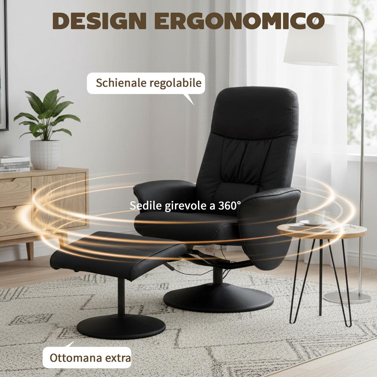 MASSAGESESSEL,HOCKER Fußstütze 145° Lehne drehbarer Sitz 10 Massagepunkte,schwarz - Schwarz, Textil (76/105/81cm) - Vallsero
