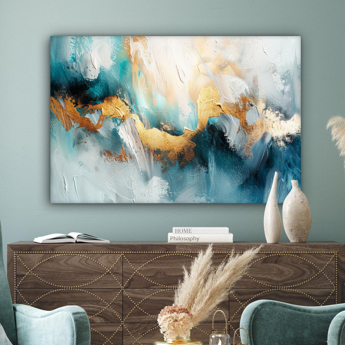 LEINWANDBILD Abstrakt - Kunst - Gold - Blau Wohnzimmer Groß 120x80 cm - Petrol, Textil (120/80cm) - MuchoWow