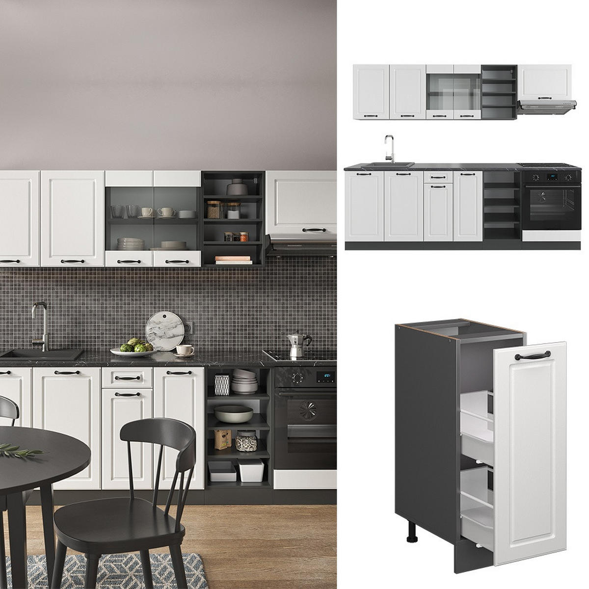 KÜCHENZEILE R-Line Weiß Landhaus/Anthrazit 240 cm , AP Marmor - Anthrazit/Weiß, Holzwerkstoff (240/206.8/60cm) - Vicco