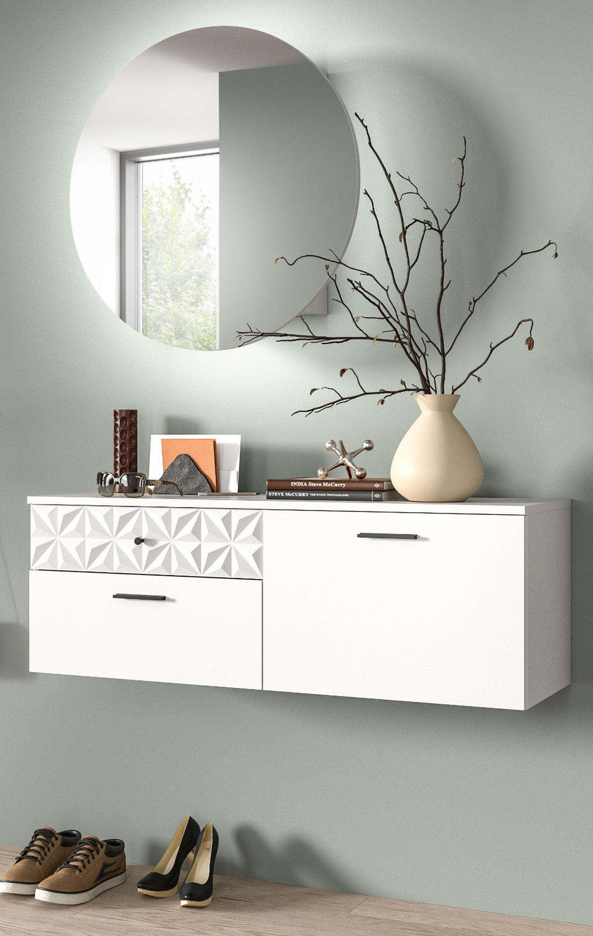 GARDEROBE Set weiß Hochglanz 110 cm, Kombination mit 3D-Struktur - Weiß Hochglanz/Schwarz, Glas/Holzwerkstoff (110/192/34cm) - Inn.Furn