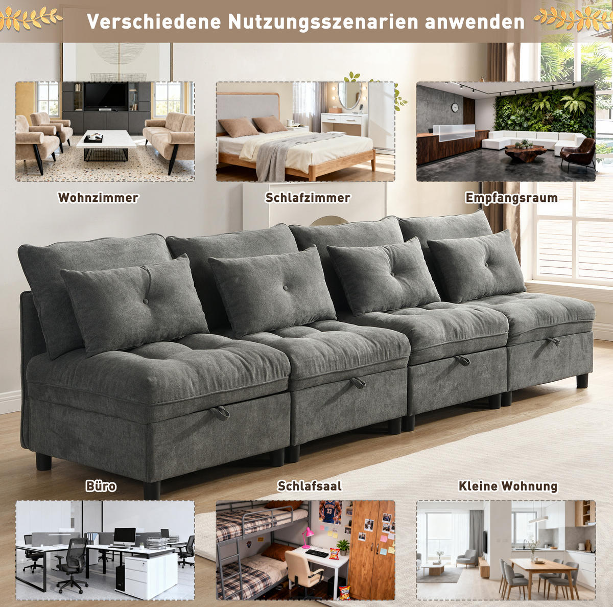 SOFA Chenille mit Stauraum und Schlaffunktion Antik Grau 274/76/87 cm - Alteiche, Textil (274/87/76cm) - Redom