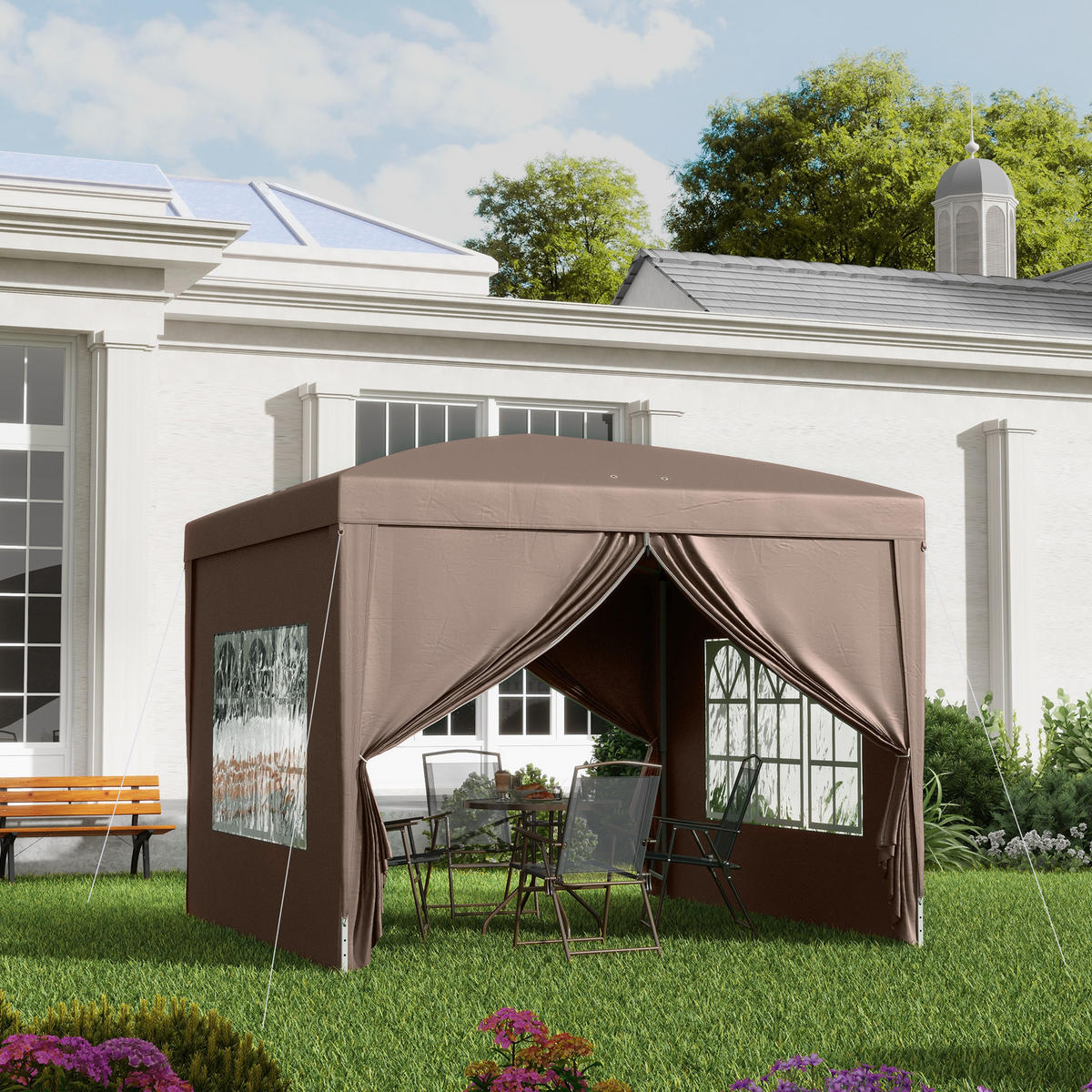 PAVILLON mit 4 Seitenwänden, Oxfordstoff, Stahl - Braun, Kunststoff (295/258/295cm) - Outsunny
