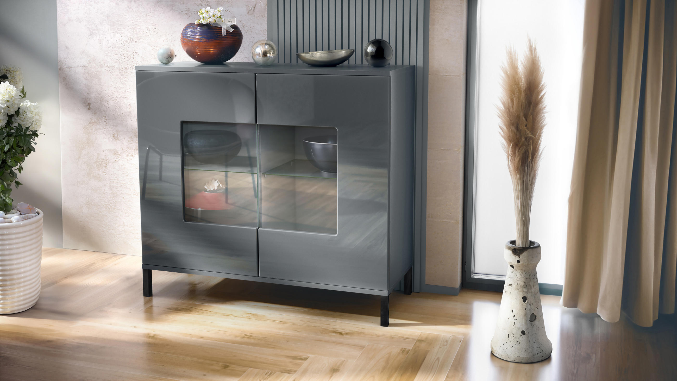 KOMMODE Grömitz Grau Hochglanz - Grau, Holzwerkstoff (92.5/83.5/35cm) - Vladon