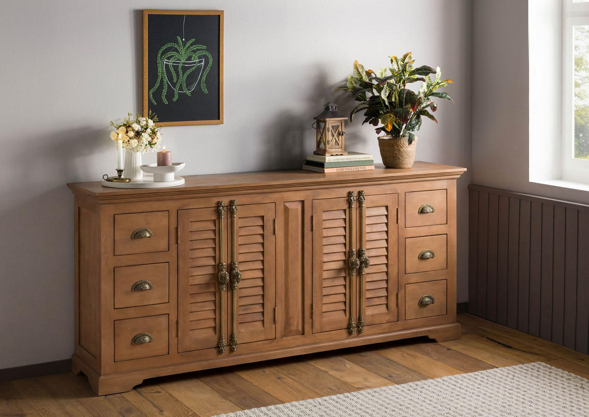 SIDEBOARD Mango 200x45x90 beige geölt TOULOUSE #17 - Beige, Holz (200/90/45cm) - Massivmoebel24