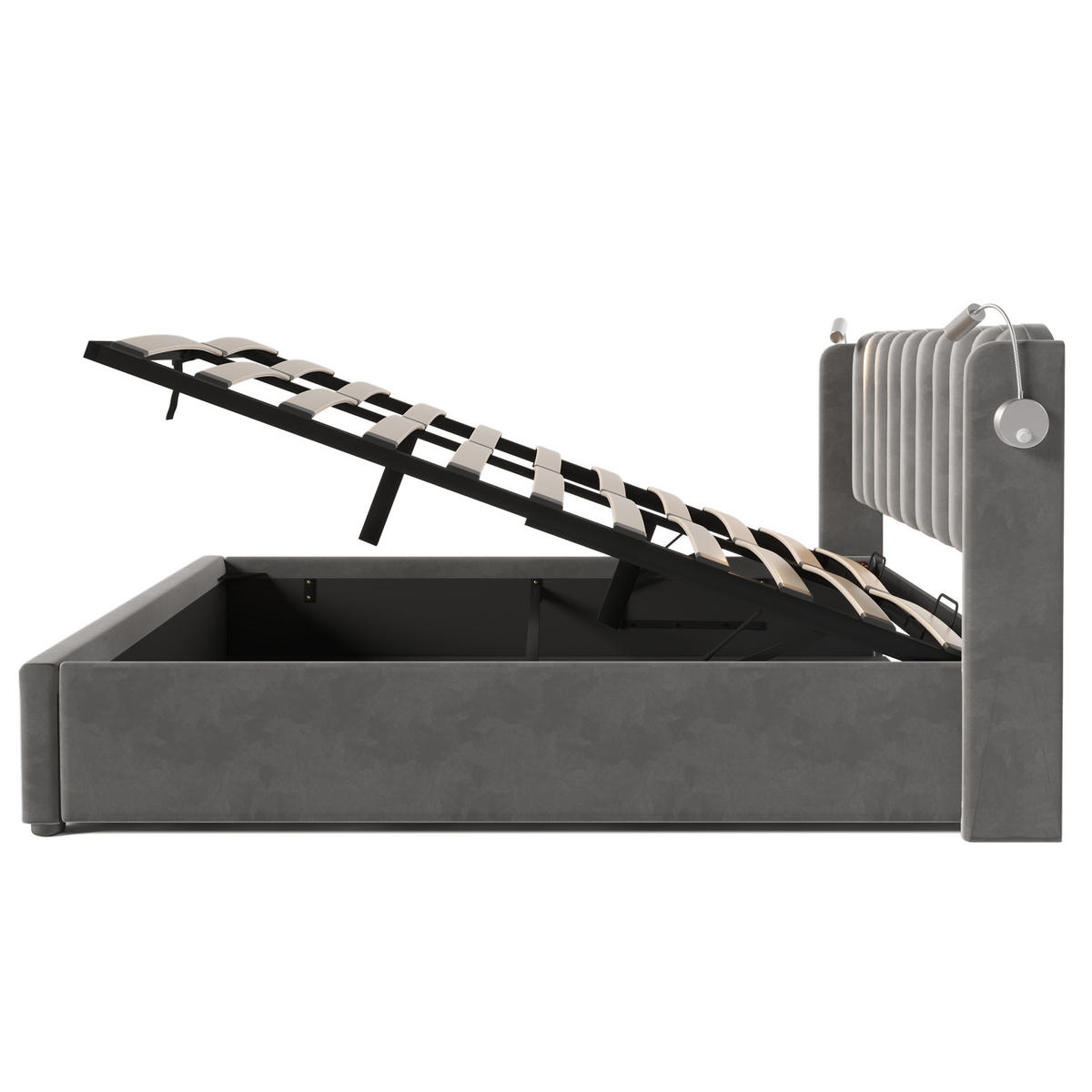 POLSTERBETT aus Samt 160x200 cm in Grau mit USB-Ladefunktion & Leselicht - Grau, Textil (160/200cm) - Modfu