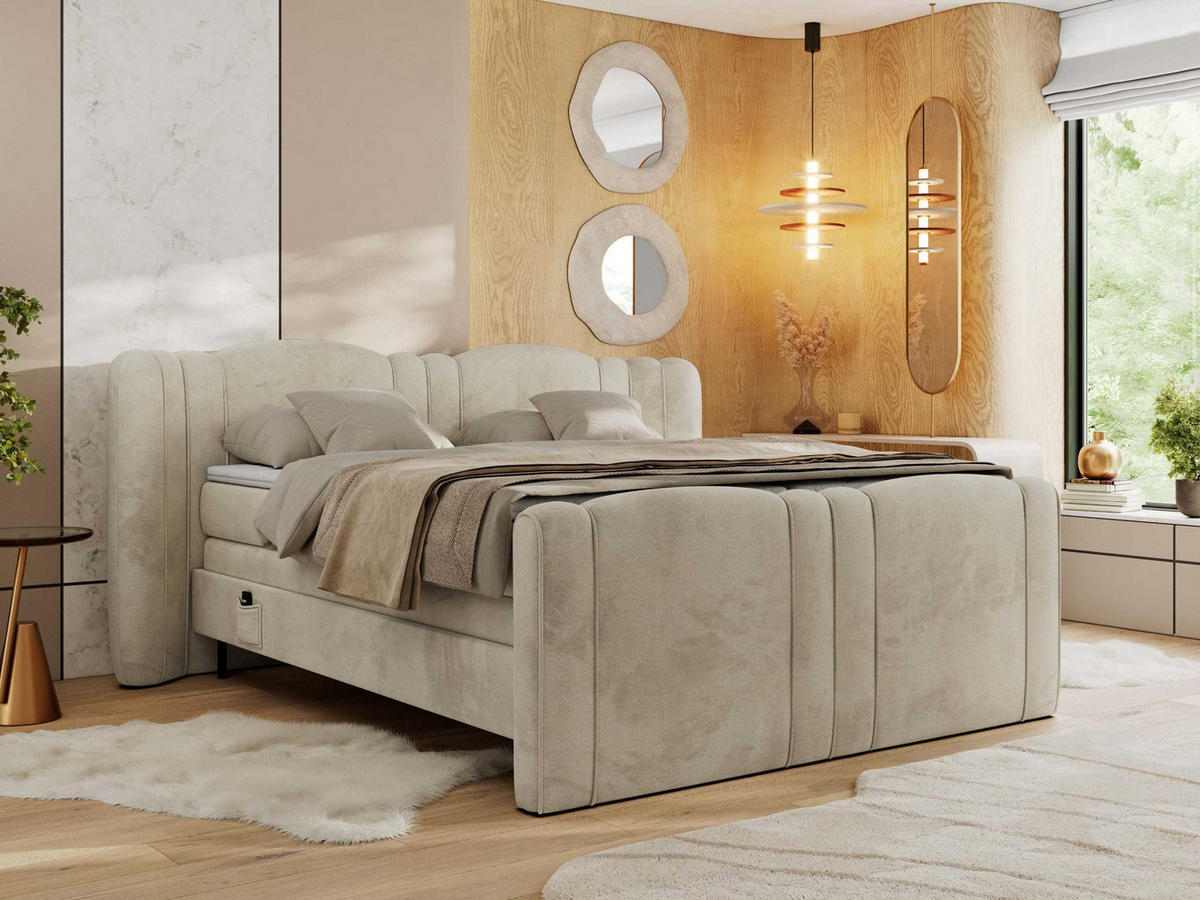 BOXSPRINGBETT FORTINA 160/200 - Beige Velvet - Topper T25 - H3 - Beige/Schwarz, Textil/Metall (160/200cm) - MKS