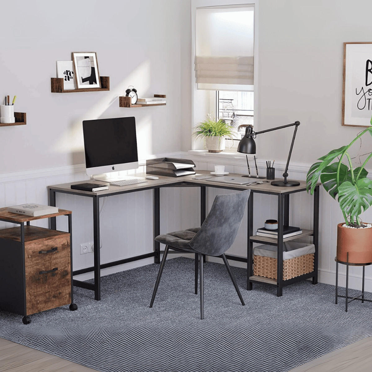ECKSCHREIBTISCH mit 2-stufigem Regal im Industrial-Stil - Beige, Holzwerkstoff (138/138/76cm) - Calicosy