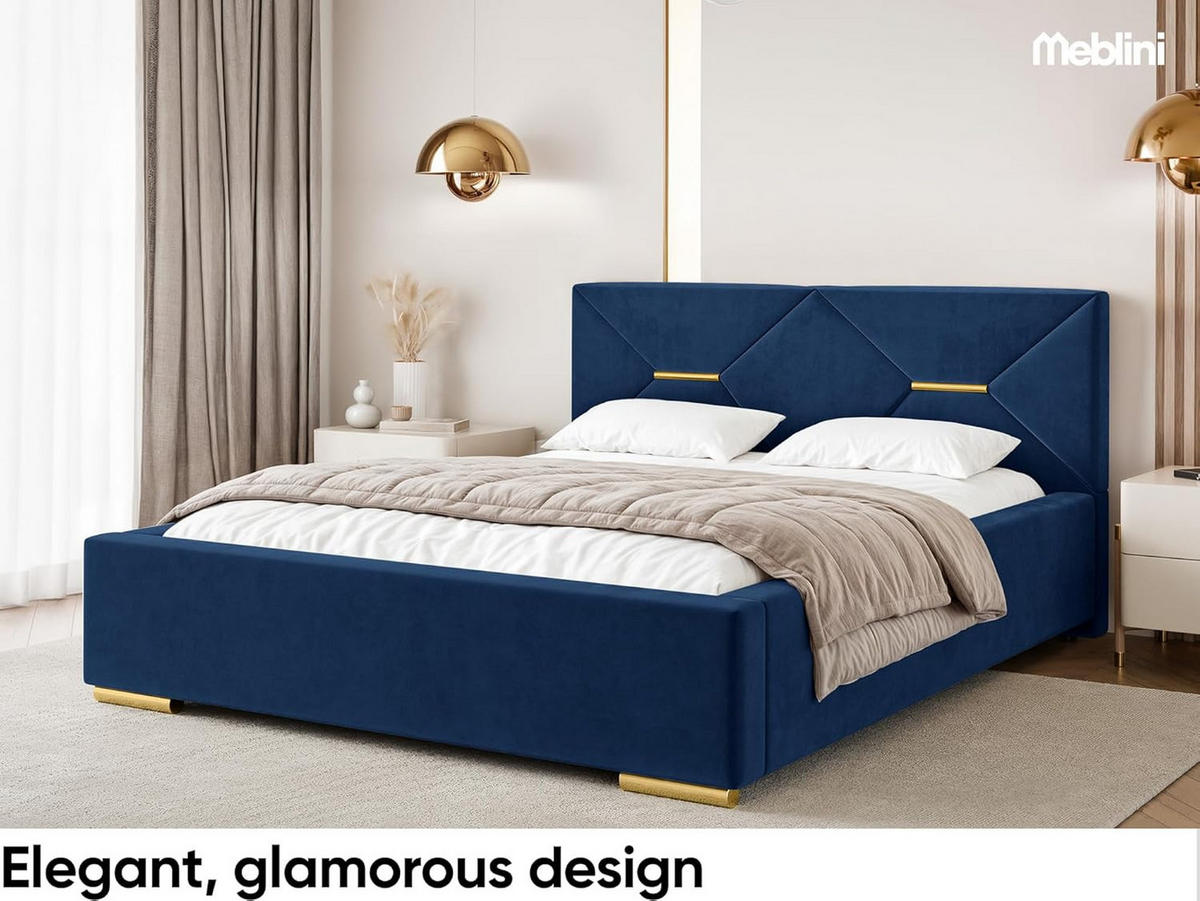 BETT LIZZY H3 - Goldfarben/Dunkelblau, Holzwerkstoff (160/200cm) - Meblini