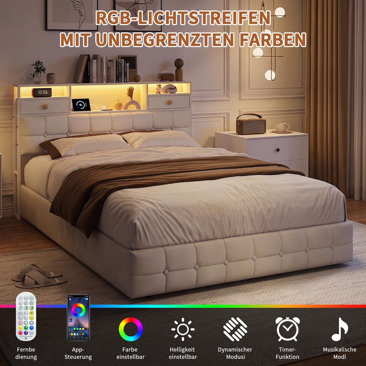 POLSTERBETT 140x200 cm mit 4 Schubladen, LED und USB-/Typ-C-Anschlüsse, Samt in Beige - Beige, Holz (140/200cm) - BRILVERDE