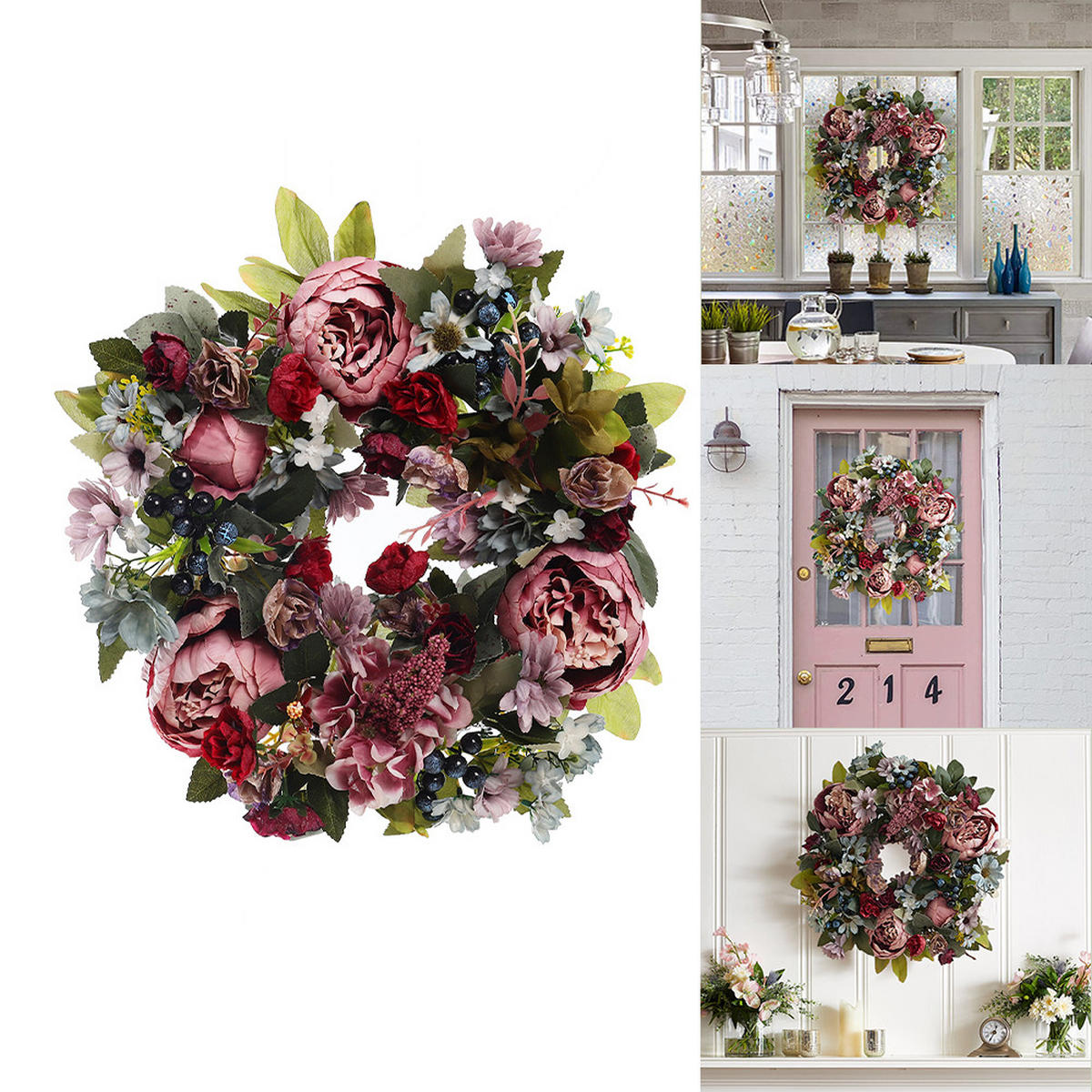 KUNSTBLUME Pfingstrosen 35cm Türkranz mit künstlichen für Hochzeit und Dekoration aus Stoff Hochwertige Verarbeitung - Rot, Kunststoff (20cm) - Livingandhome